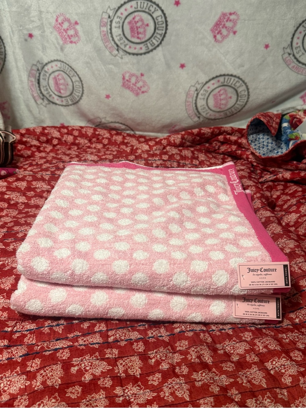 Juicy Couture Pink and White Polka Dot Bath Towels - Set of 2